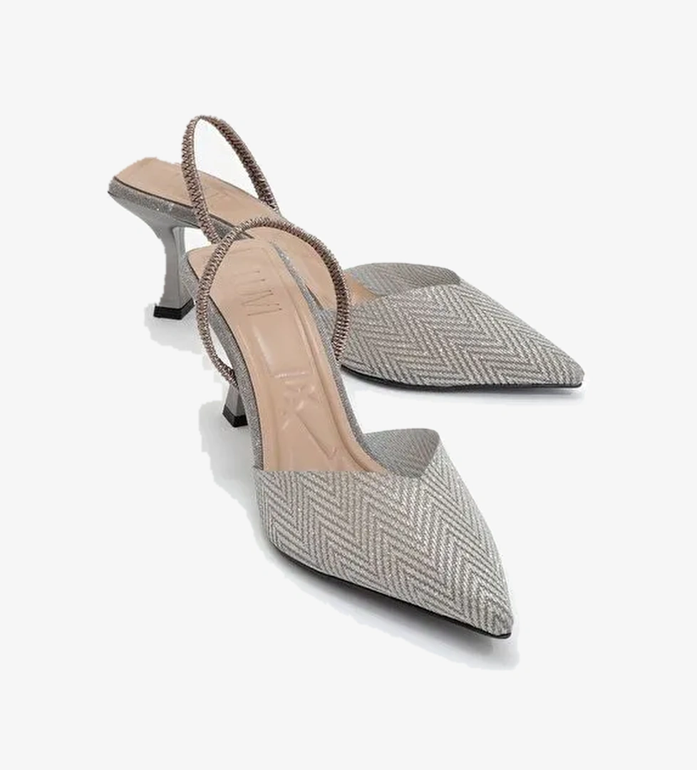 RENOS Platin Kum Sim Sivri Burun Kadın Topuklu Abiye Ayakkabı - Görsel 1