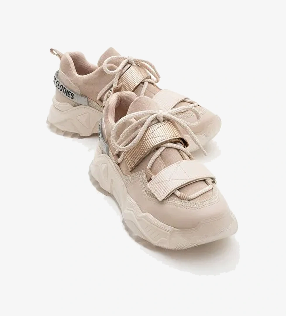 LULEN Bej Rose Sim Yazılı Cırtlı Kadın Spor Sneakers - Görsel 1