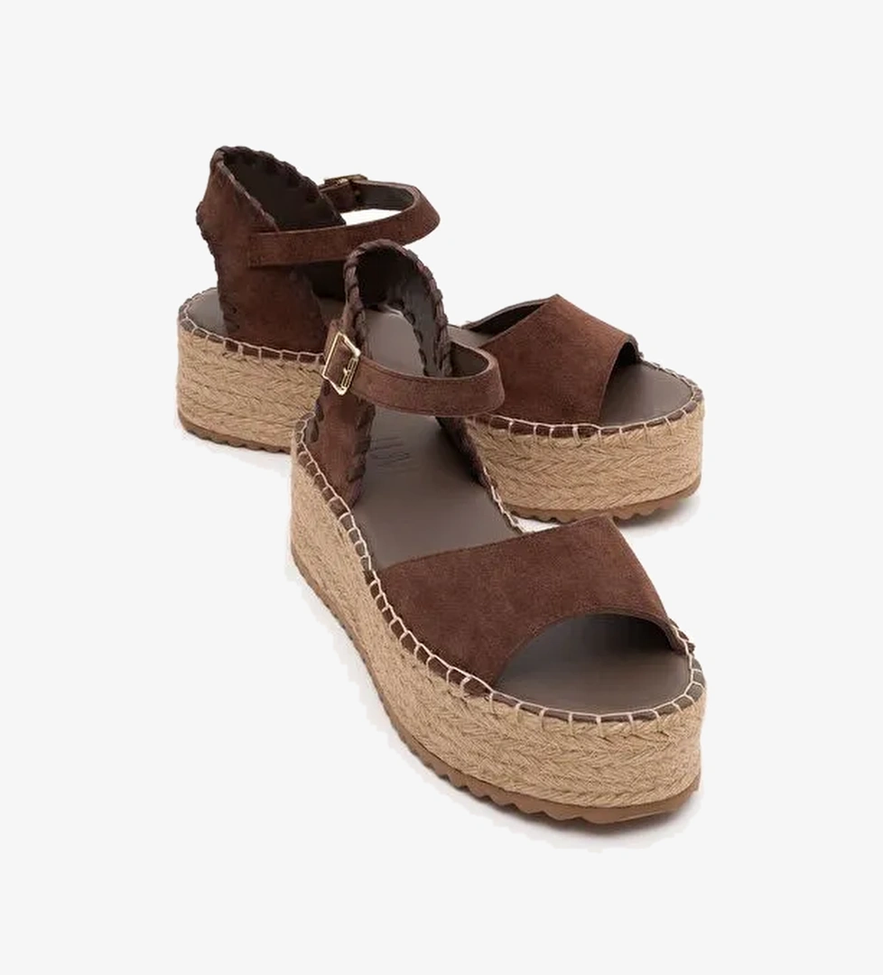 SEREZ Kahve Süet Hakiki Deri Kadın Hasır Dolgu Taban Sandalet - Görsel 1
