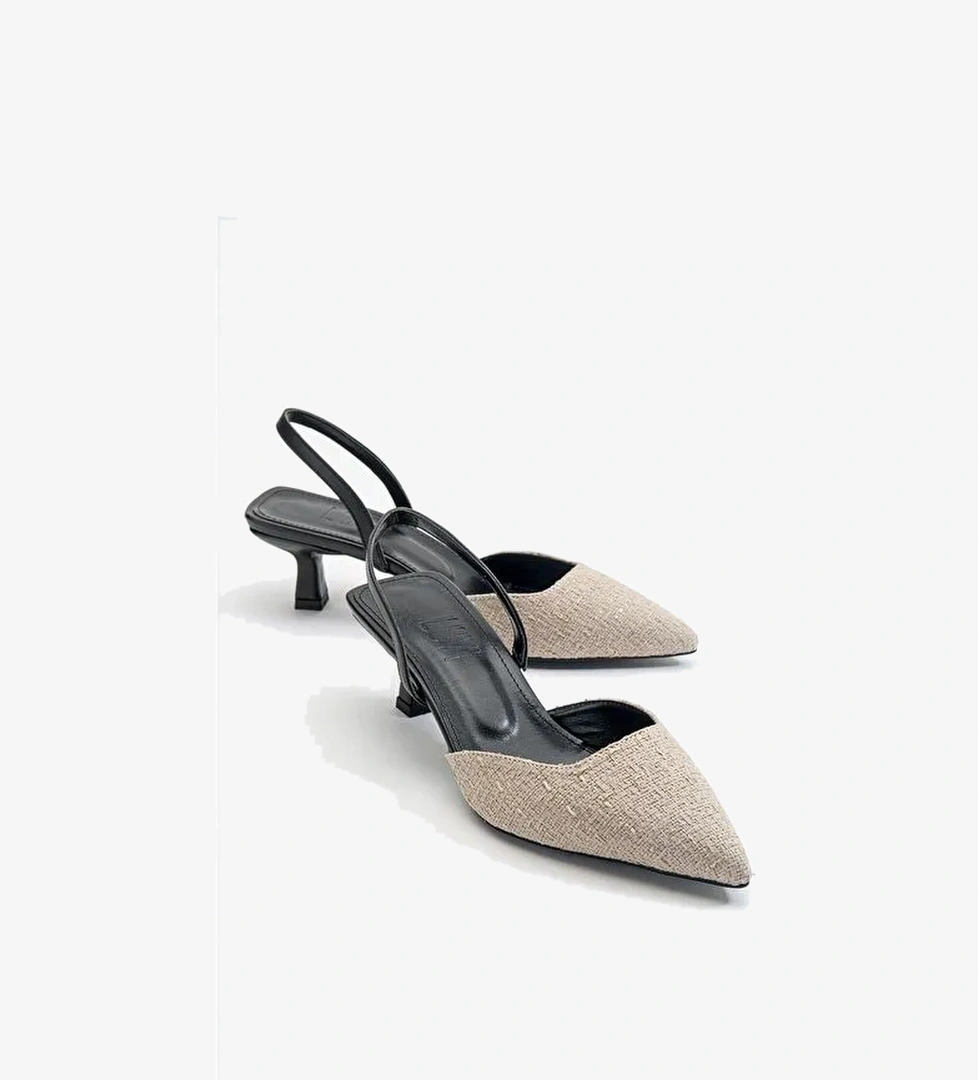 OVER Siyah Bej Tüvit Sivri Burun Kısa Topuklu Kadın Ayakkabı - Görsel 1