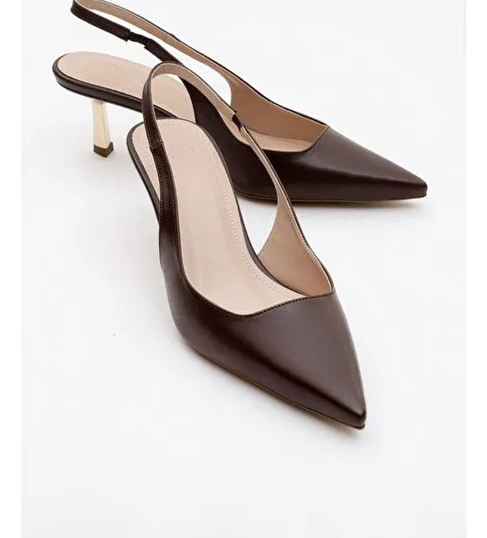 MARTEN Kahve Cilt Kadın Sivri Burun Arkası Açık İnce Topuklu Ayakkabı - Görsel 1