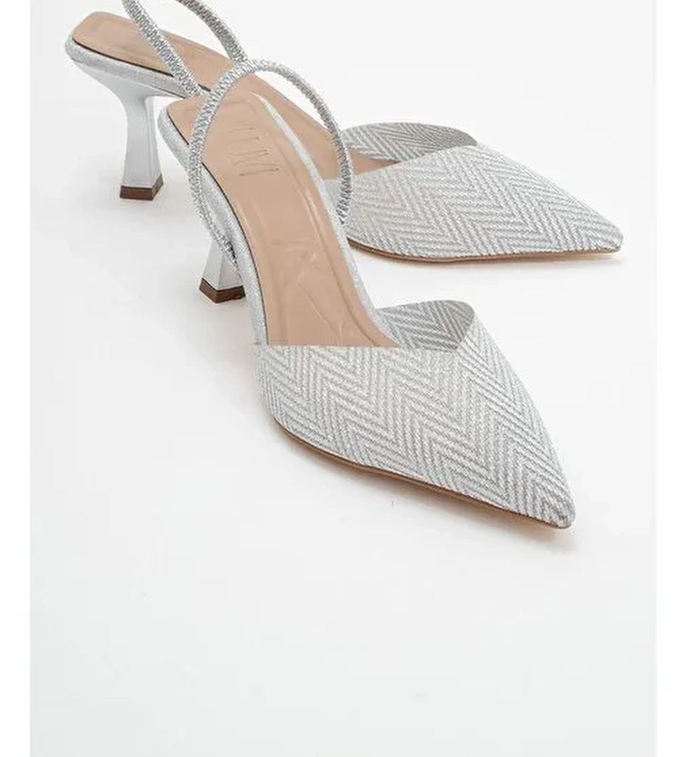 RENOS Gümüş Kum Sim Sivri Burun Kadın Topuklu Abiye Ayakkabı - Görsel 1