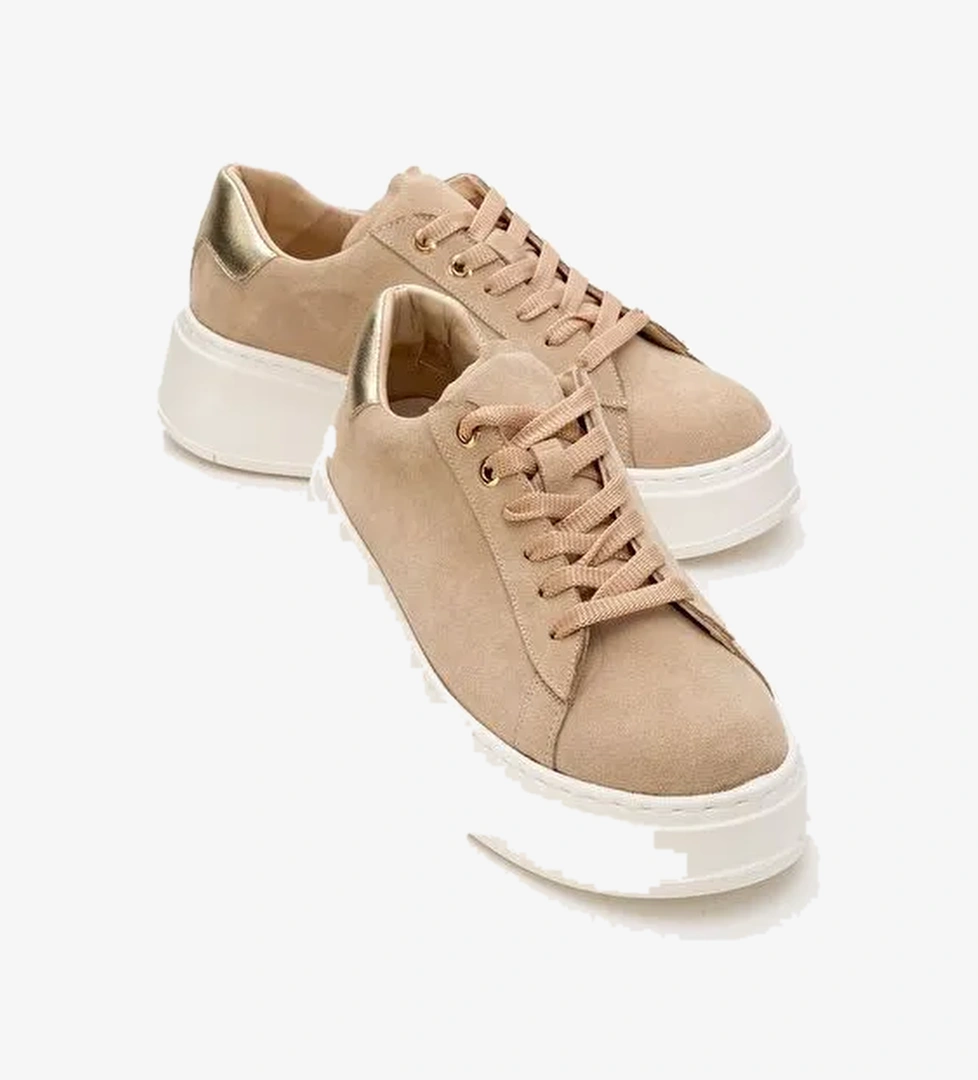 GUENO Bej Hakiki Deri Süet Kadın Spor Ayakkabı - Görsel 1