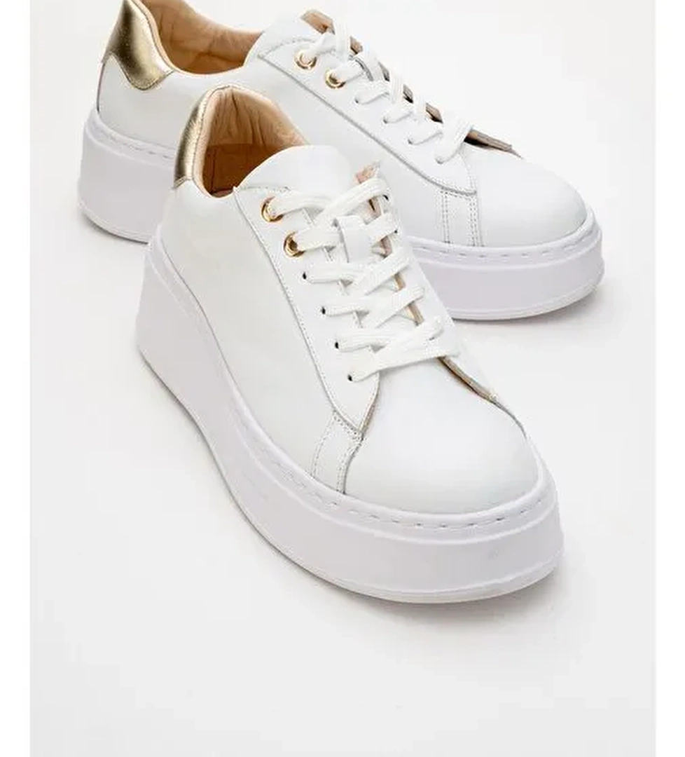 GUENO Beyaz Cilt Hakiki Deri Kadın Spor Ayakkabı - Görsel 1