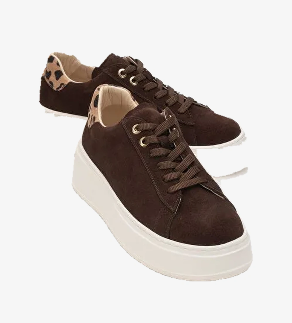 GUENO Kahverengi Hakiki Deri Süet Kadın Spor Ayakkabı - Görsel 1