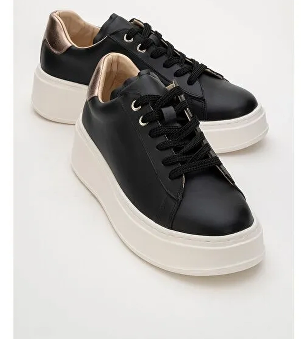 GUENO Siyah Cilt Hakiki Deri Kadın Spor Ayakkabı - Görsel 1