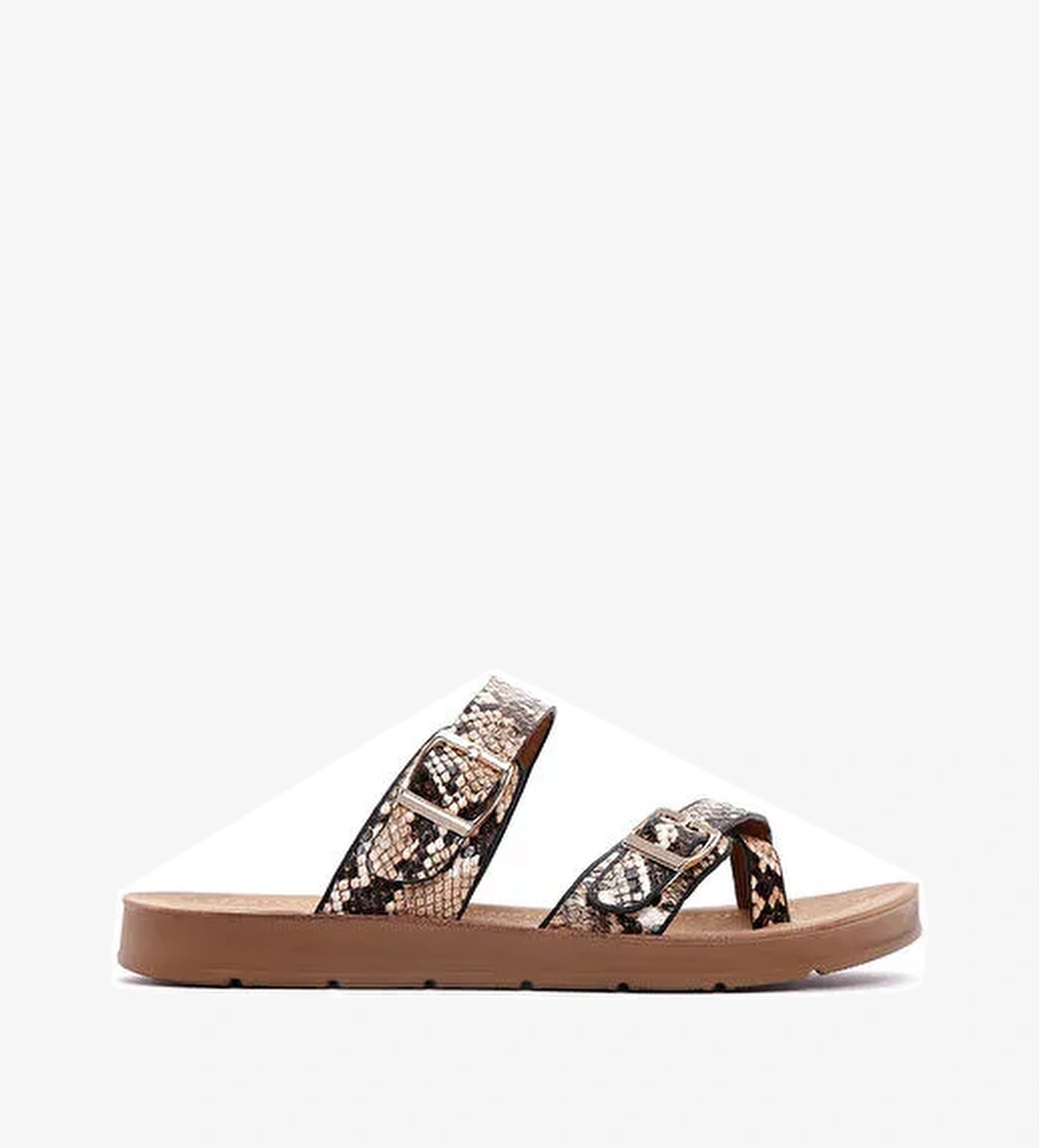 Kadın Kahverengi Çift Tokalı Desenli Terlik 25SFE460140 - Görsel 1