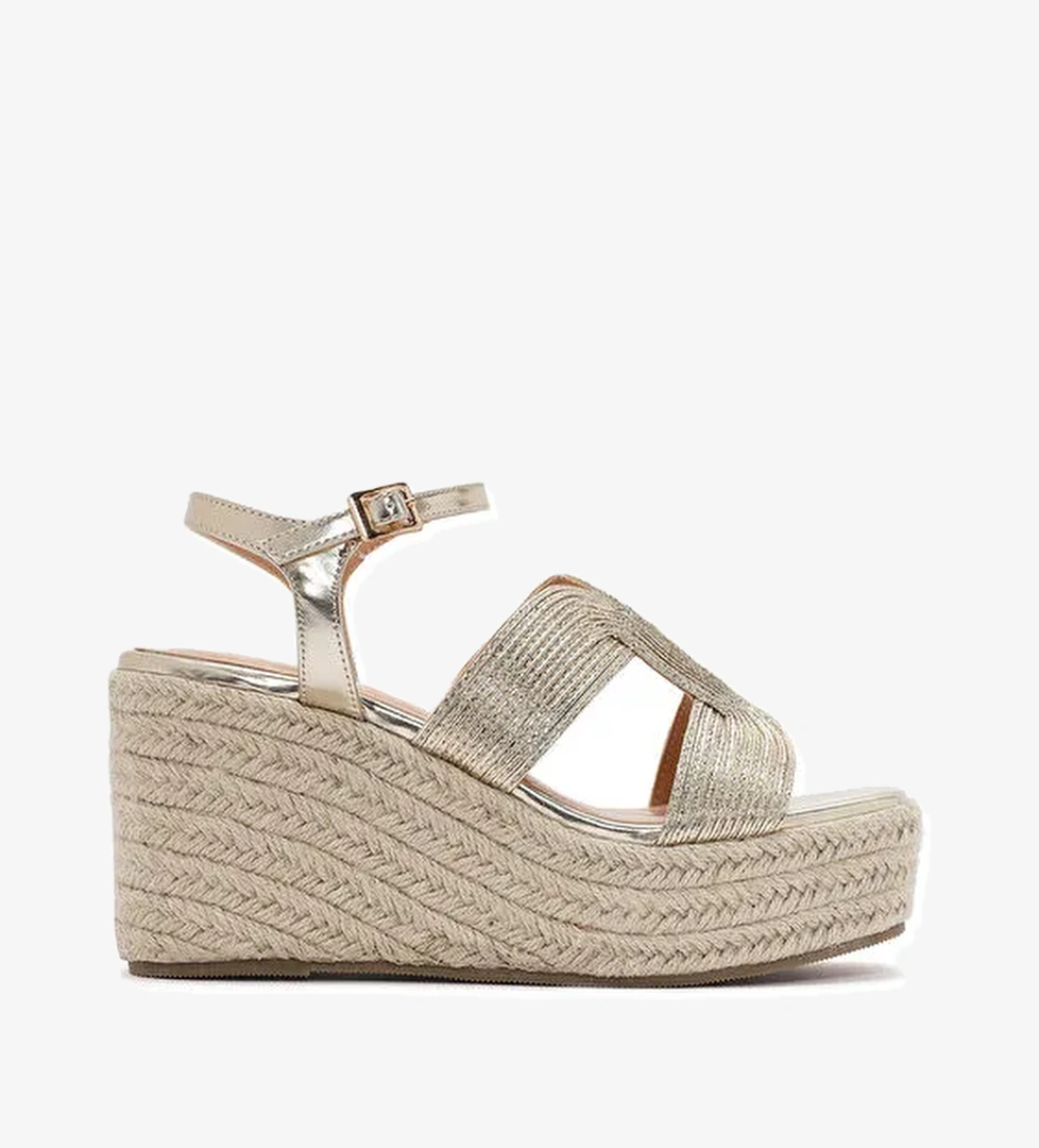Kadın Altın Bilekten Bantlı Metalik Dolgu Topuklu Espadril 25SFE450632 - Görsel 1
