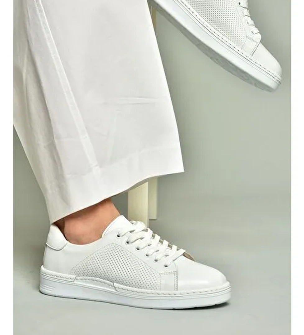 U555025203 Beyaz Hakiki Deri Kadın Spor Ayakkabı Sneakers - Görsel 1