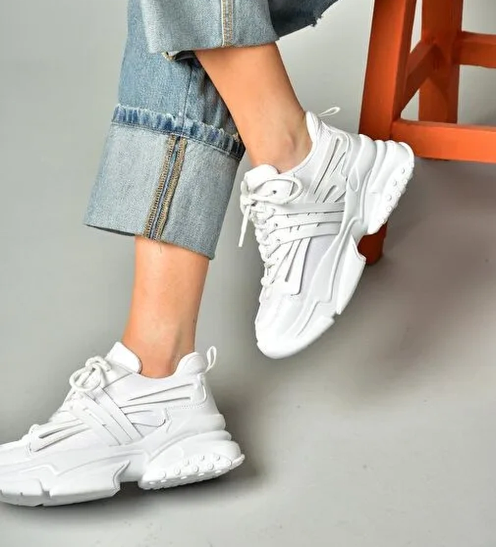 S973602404 Beyaz Kumaş Kalın Tabanlı Spor Ayakkabı Sneakers - Görsel 1
