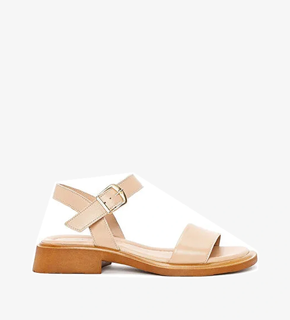 Kadın Bej Bilekten Tokalı Deri Sandalet 25SFD362418 - Görsel 1