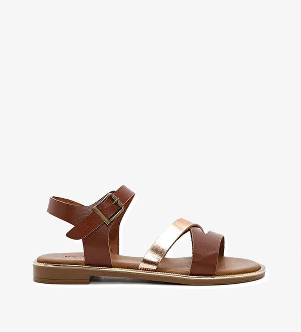 Kadın Kahverengi Bilekten Tokalı Deri Sandalet 25SFD360814 - Görsel 1