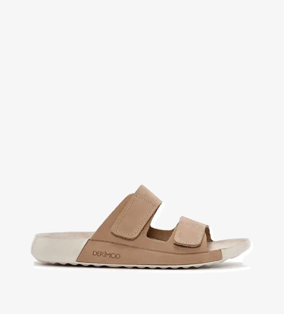 Kadın Bej Çift Bantlı Nubuk Deri Comfort Terlik 25SFD5002V3 - Görsel 1