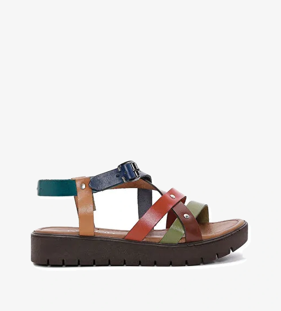 Kadın Çok Renkli Kalın Tabanlı Deri Bodrum Sandalet 25SFD331418 - Görsel 1