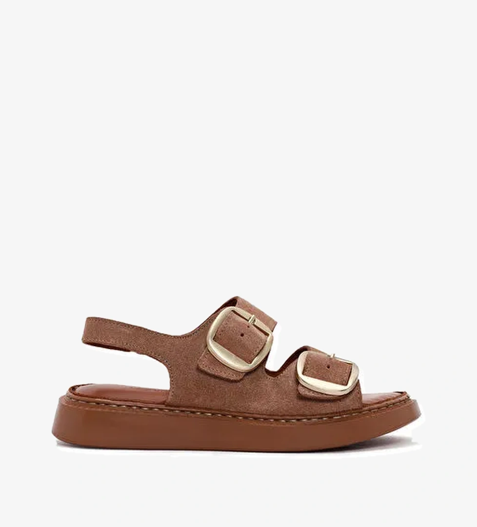 Kadın Pudra Kalın Tabanlı Tokalı Süet Deri Comfort Sandalet 25SFD340710 - Görsel 1