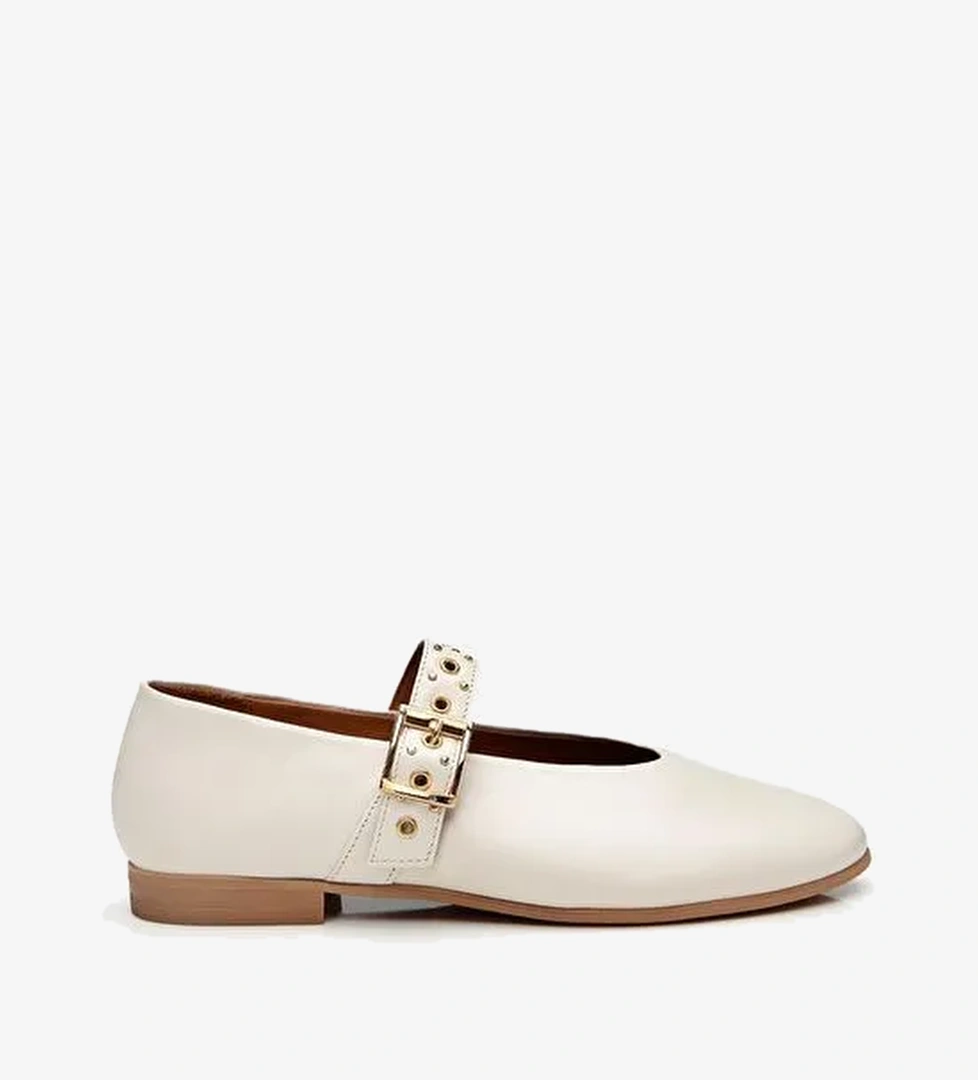 Kadın Deri Ekru Mary Jane Kemerli Babet - Görsel 1