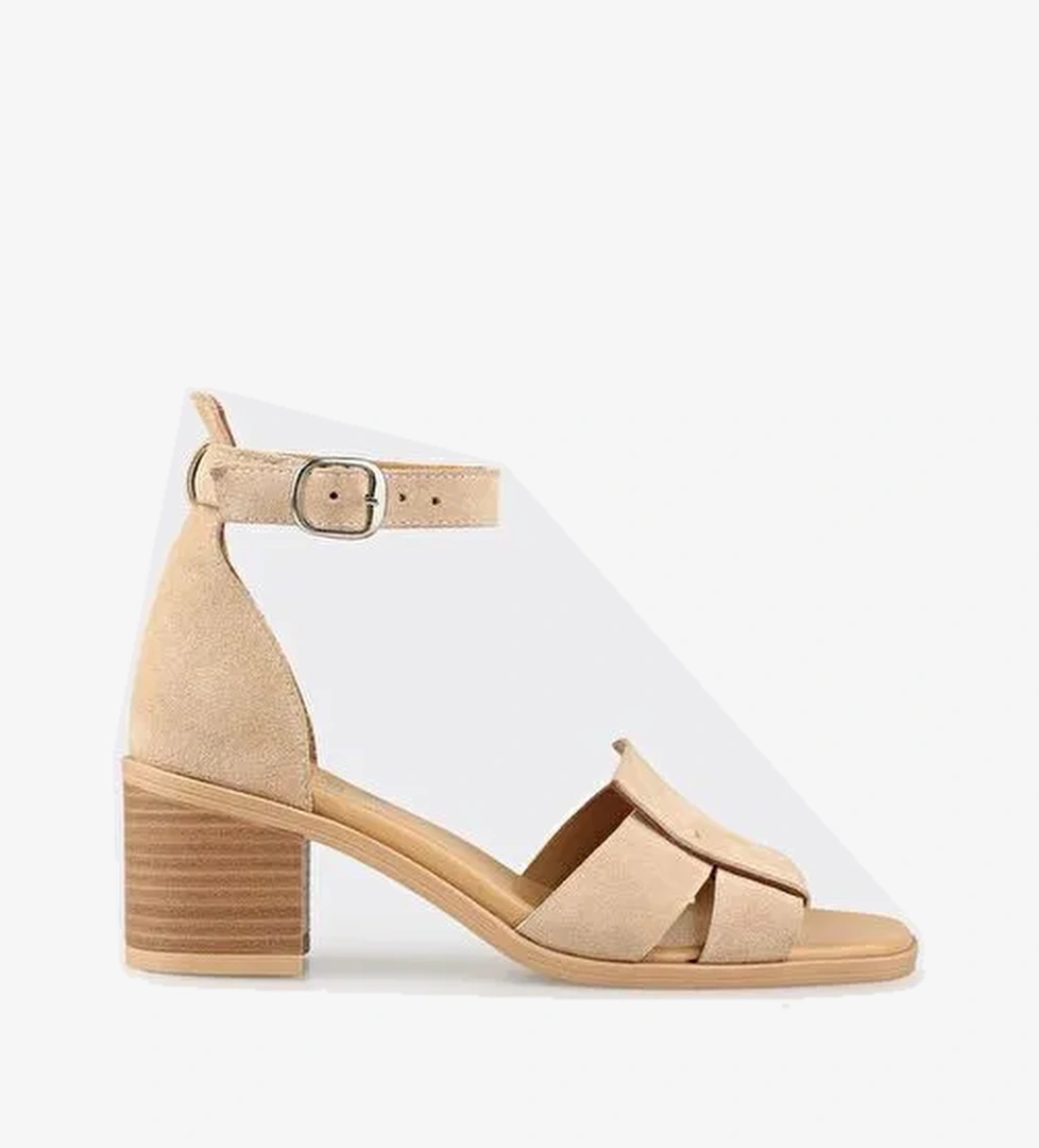 Bej Deri Kadın Topuklu Sandalet - Görsel 1
