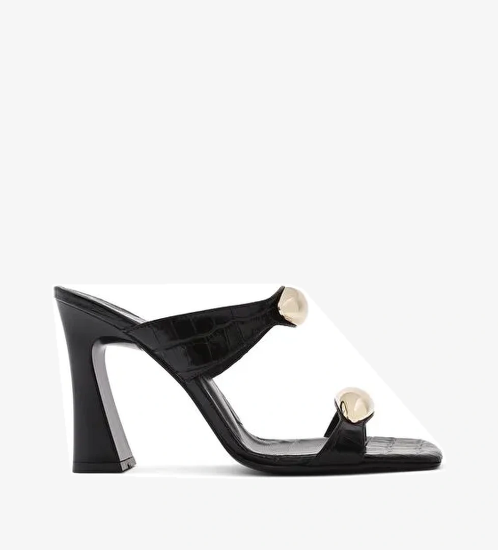 Kadın Siyah Kroko Desenli Deri Yüksek Kalın Topuklu Terlik 25SFD1610E3 - Görsel 1
