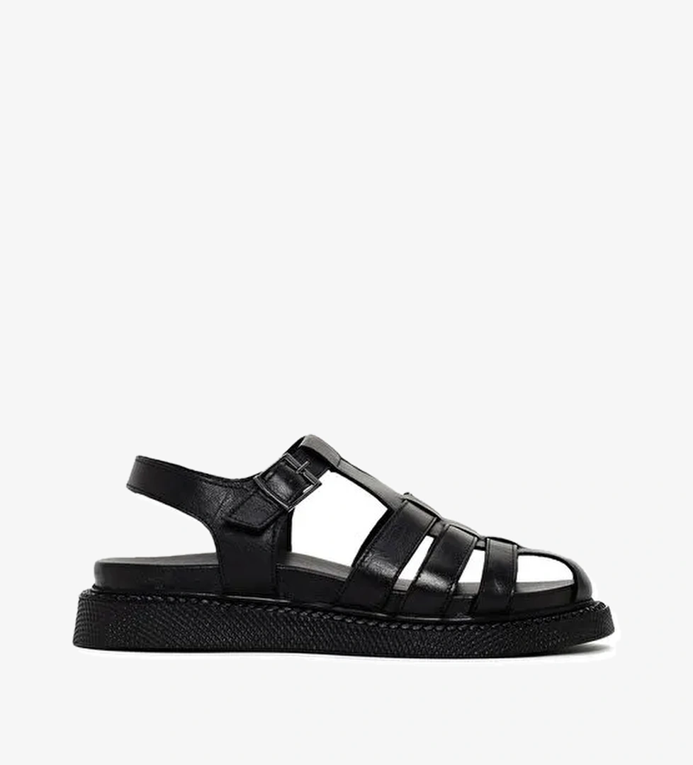 Kadın Siyah Bantlı Deri Comfort Sandalet 25SFD300418 - Görsel 1