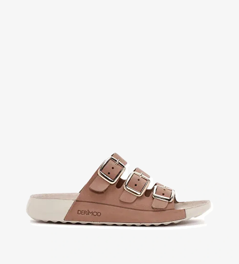 Kadın Bej Tokalı Nubuk Deri Comfort Terlik 25SFD5001V3 - Görsel 1