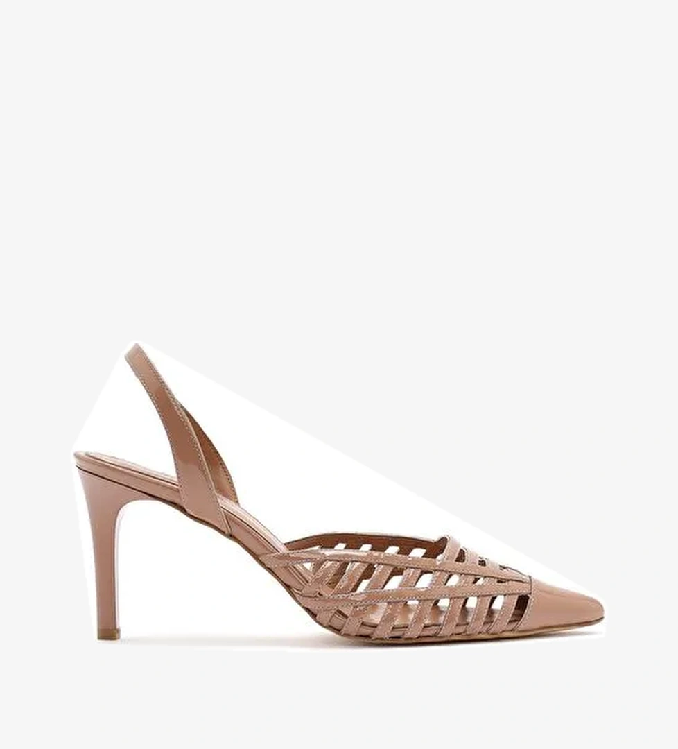 Kadın Bej Arkası Açık Rugan Deri İnce Topuklu Ayakkabı 25SFD161816 - Görsel 1