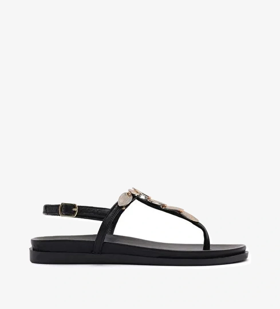 Kadın Siyah Arkadan Bağlamalı Parmak Arası Deri Sandalet 25SFD200918 - Görsel 1