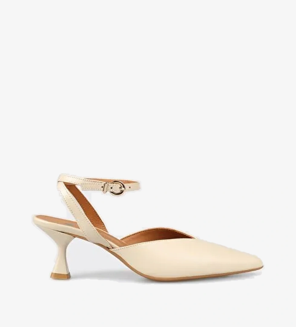 Ekru Deri Kadın Topuklu Ayakkabı - Görsel 1