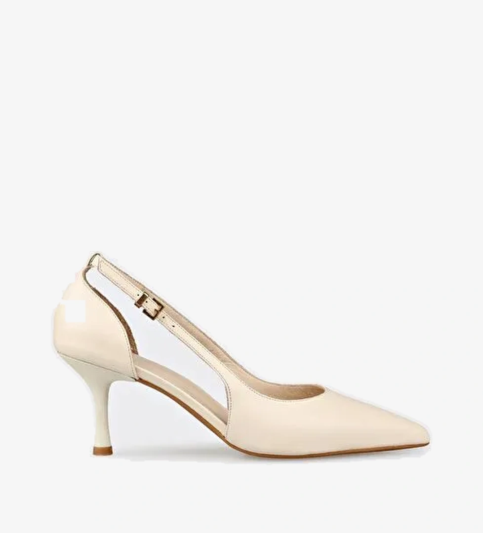 Ekru Deri Kadın Topuklu Ayakkabı - Görsel 1