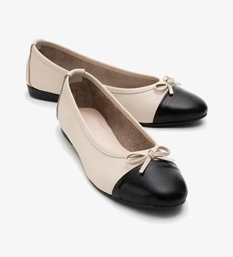 JENS Bej-Siyah Cilt Hakiki Deri Fiyonklu Kadın Babet Ayakkabı - Görsel 1