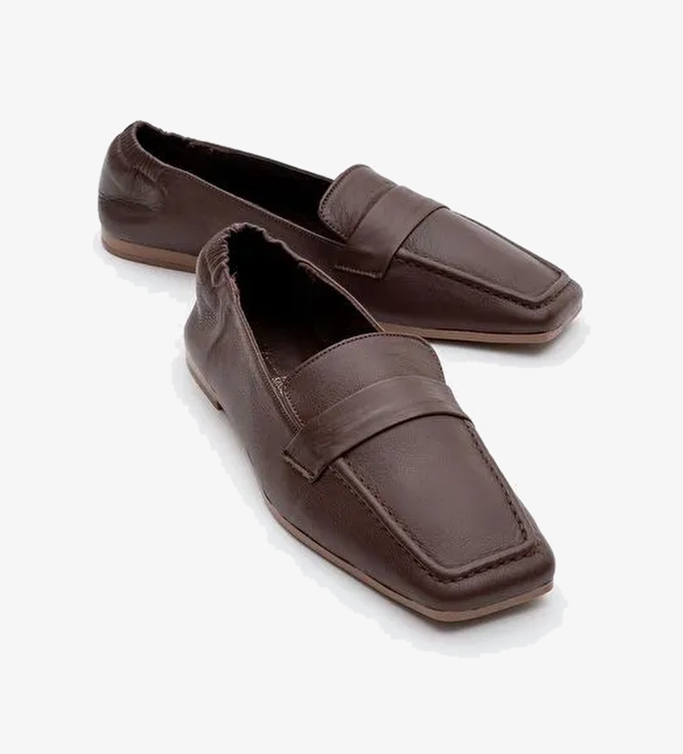 LİEPA Kahverengi Cilt Hakiki Deri Arkası Lastikli Küt Burunlu Kadın Loafer Ayakkabı - Görsel 1