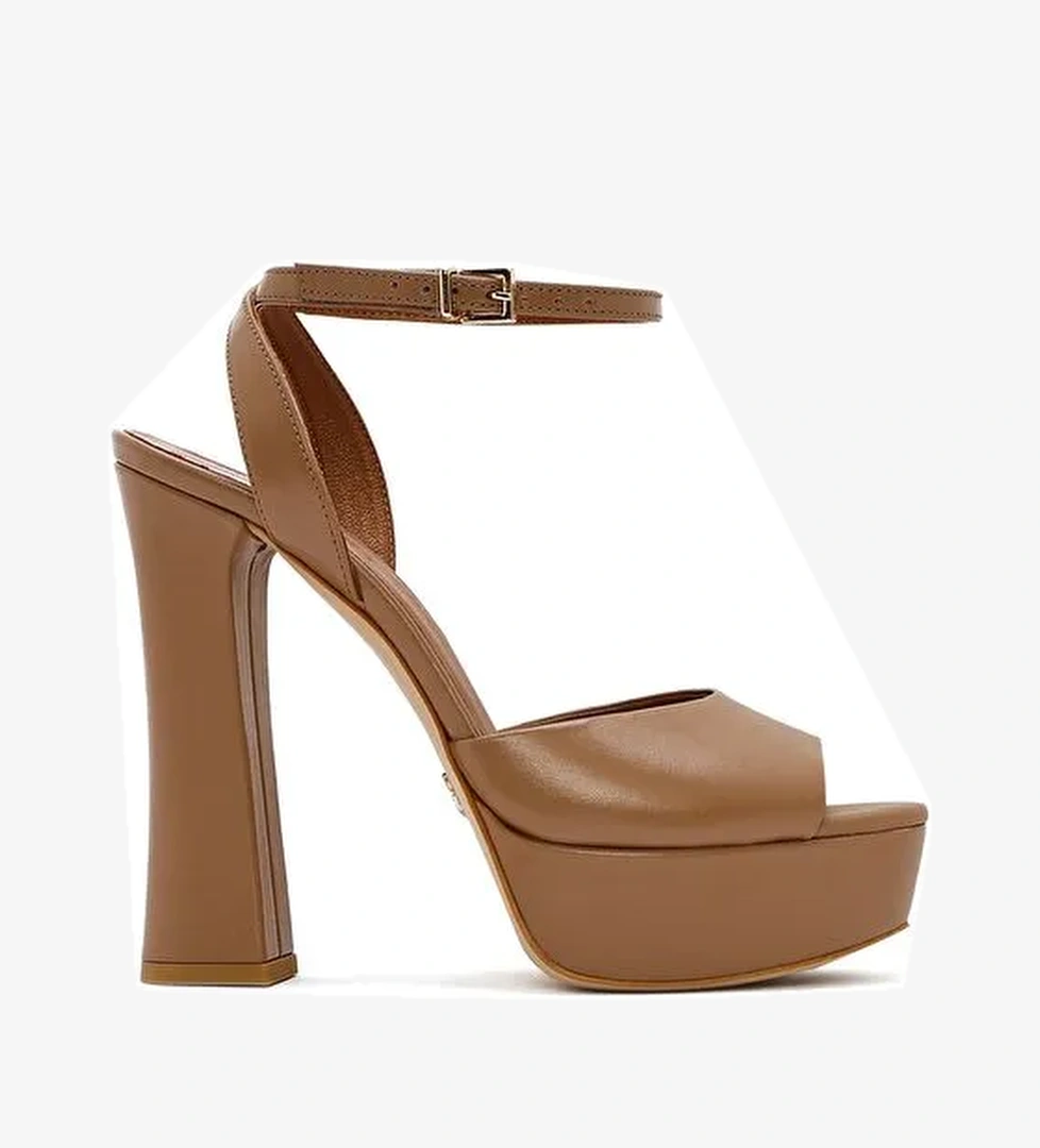 Kadın Taba Bilekten Tokalı Platformlu Yüksek Kalın Topuklu Deri Sandalet 25SFD120518 - Görsel 1