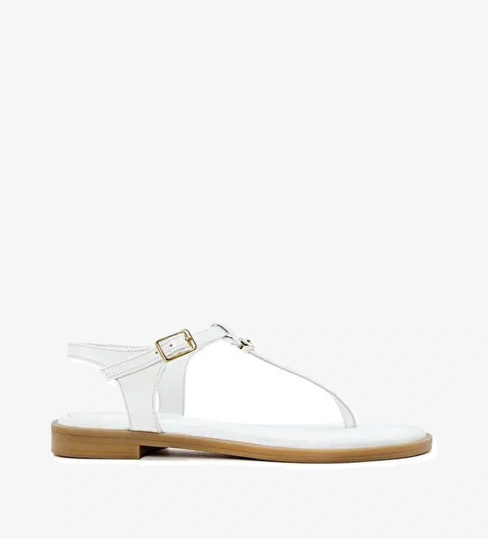 Kadın Beyaz Tokalı Parmak Arası Rugan Deri Sandalet 25SFD201016 - Görsel 1