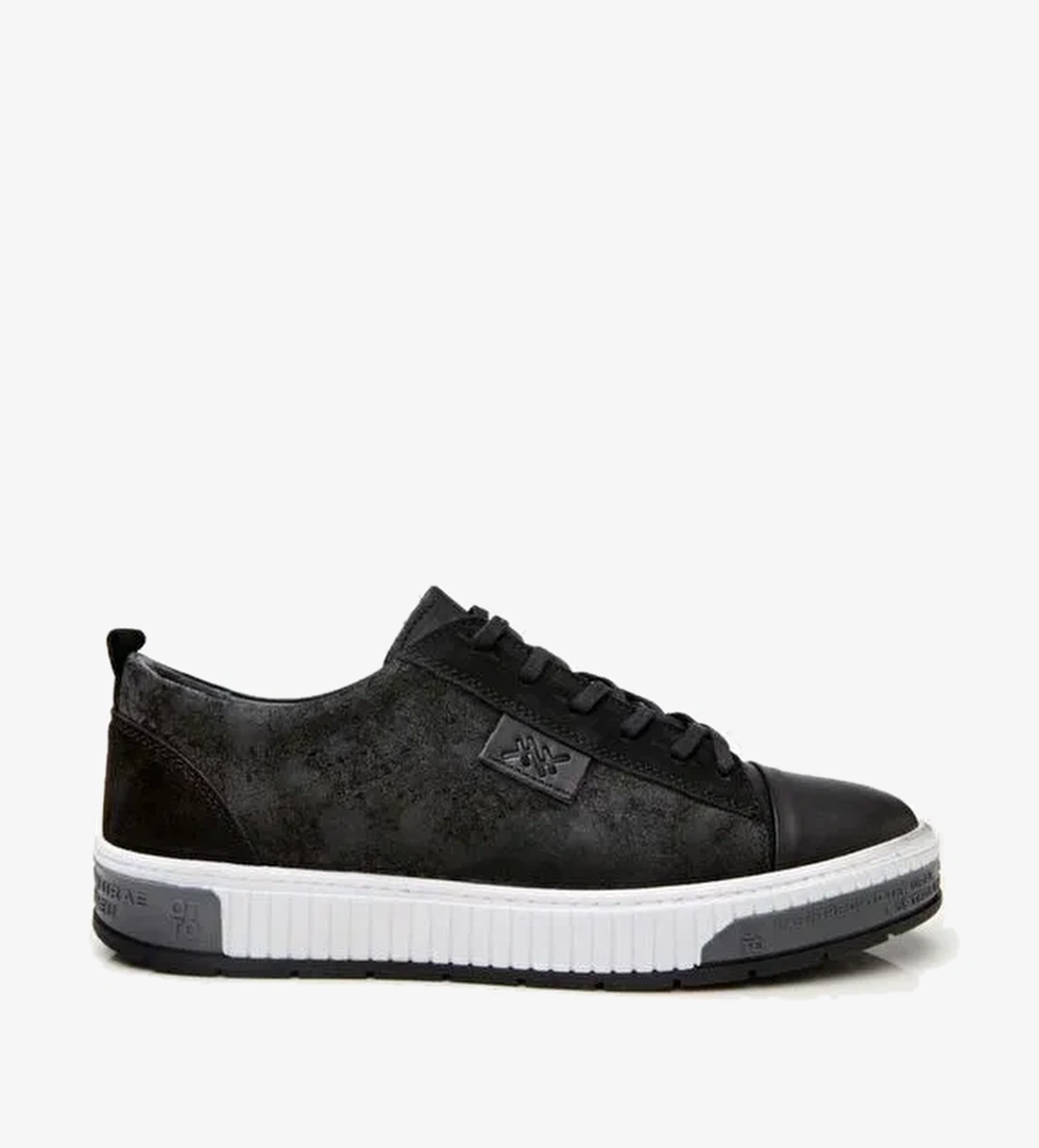 Erkek Deri Siyah Baskılı Spor Ayakkabı - Görsel 1