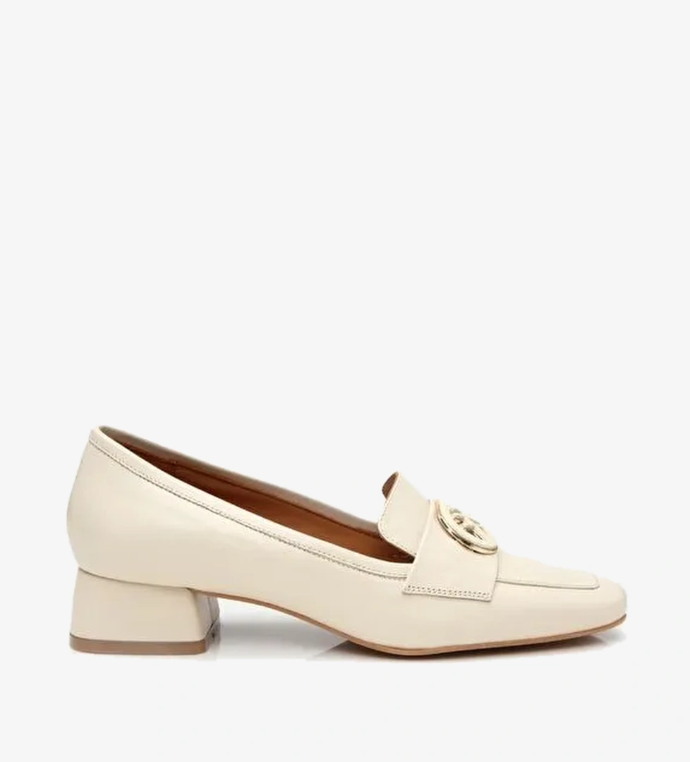 Kadın Deri Ekru Tokalı Kalın Topuklu Klasik Loafer - Görsel 1