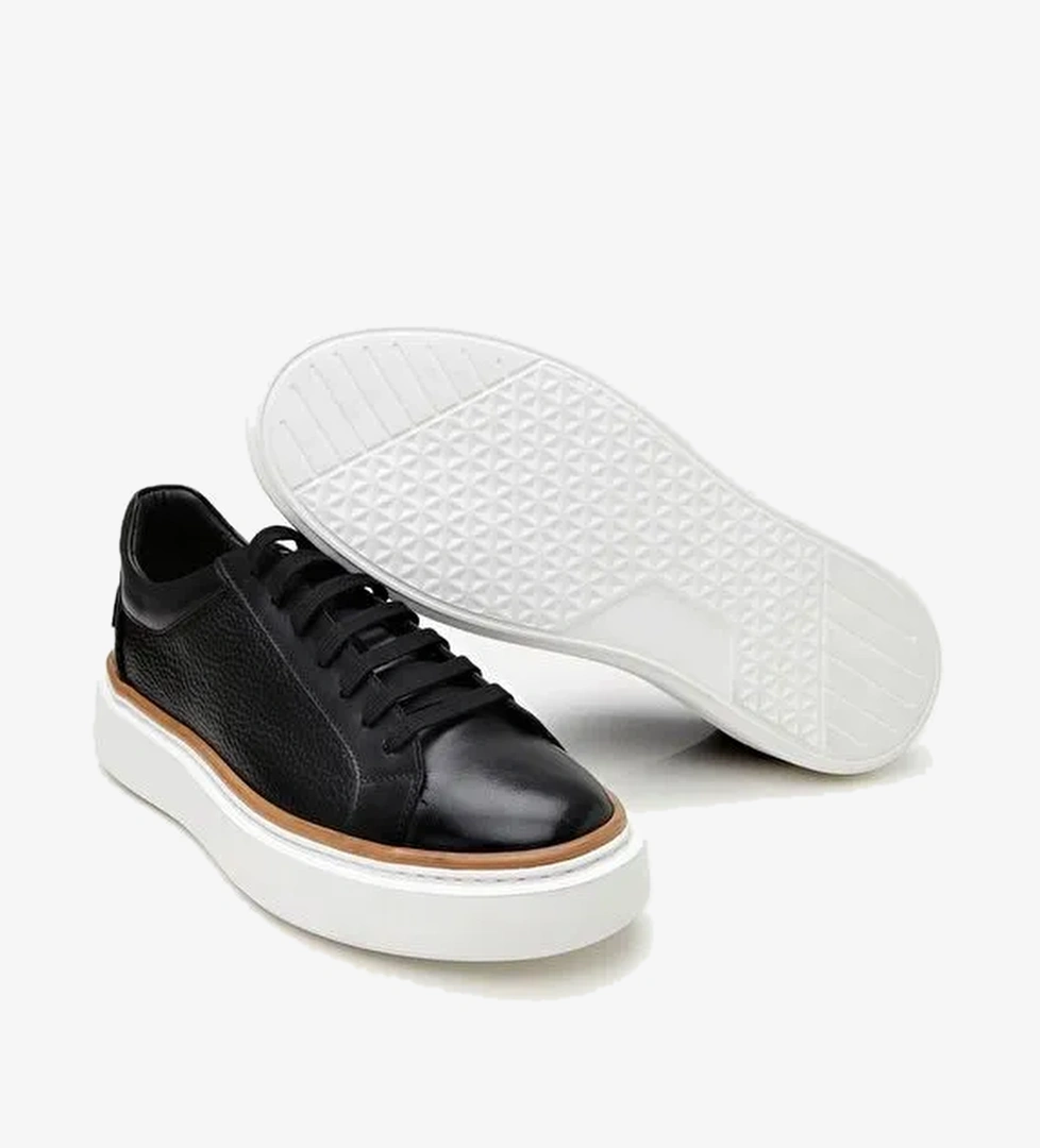 Erkek Deri Siyah Hafif Tabanlı Spor Ayakkabı - Görsel 1