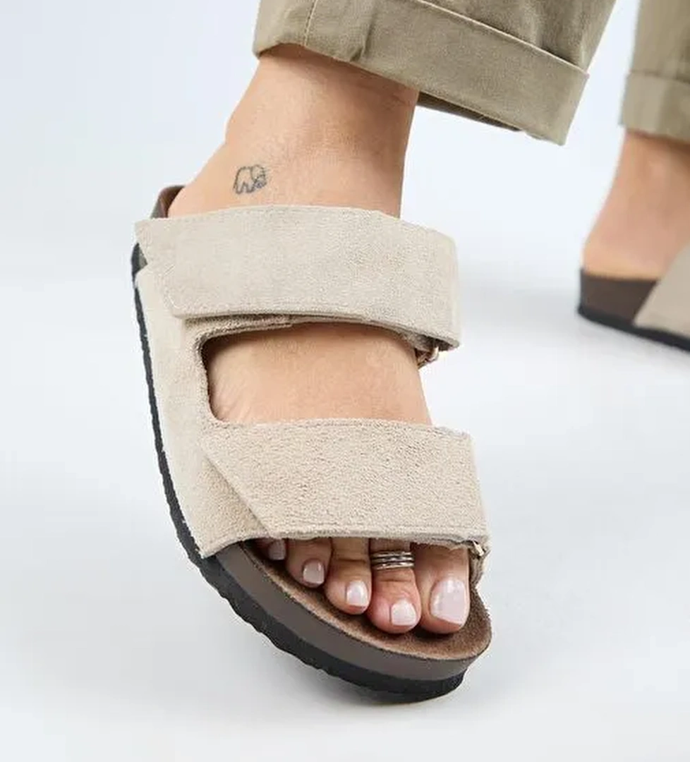 Manijero (Vina 2 ) Kadın Hakiki Deri Çift Cırtlı Bej Terlik - Görsel 1