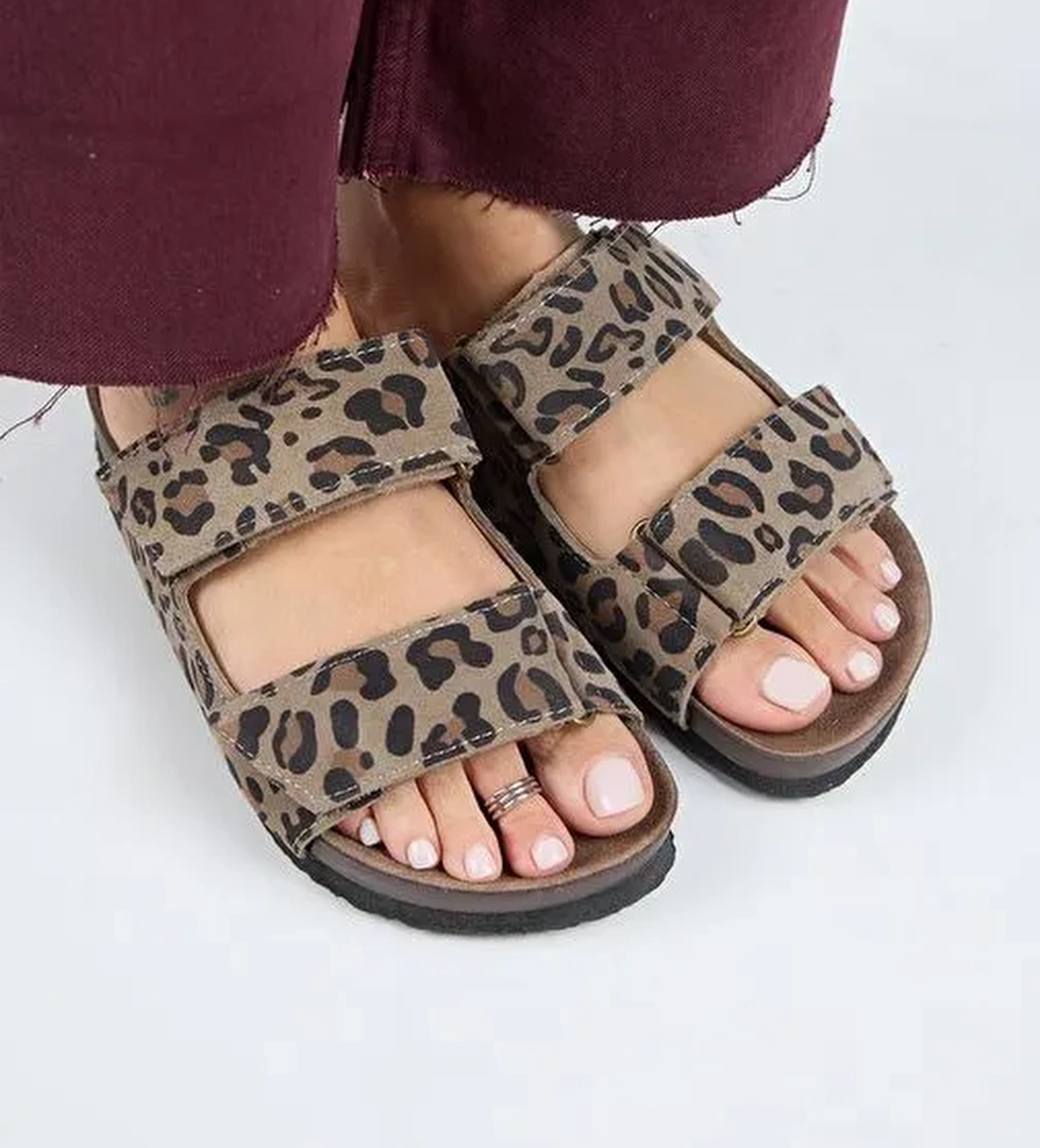 Manijero (Vina 2 Leopar) Kadın Hakiki Deri Çift Cırtlı Vizon Terlik - Görsel 1