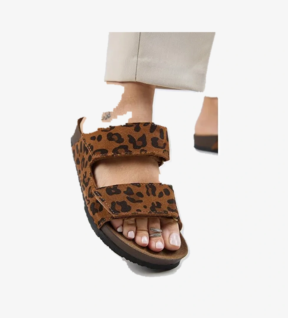 Manijero (Vina 2 Leopar) Kadın Hakiki Deri Çift Cırtlı Taba Terlik - Görsel 1