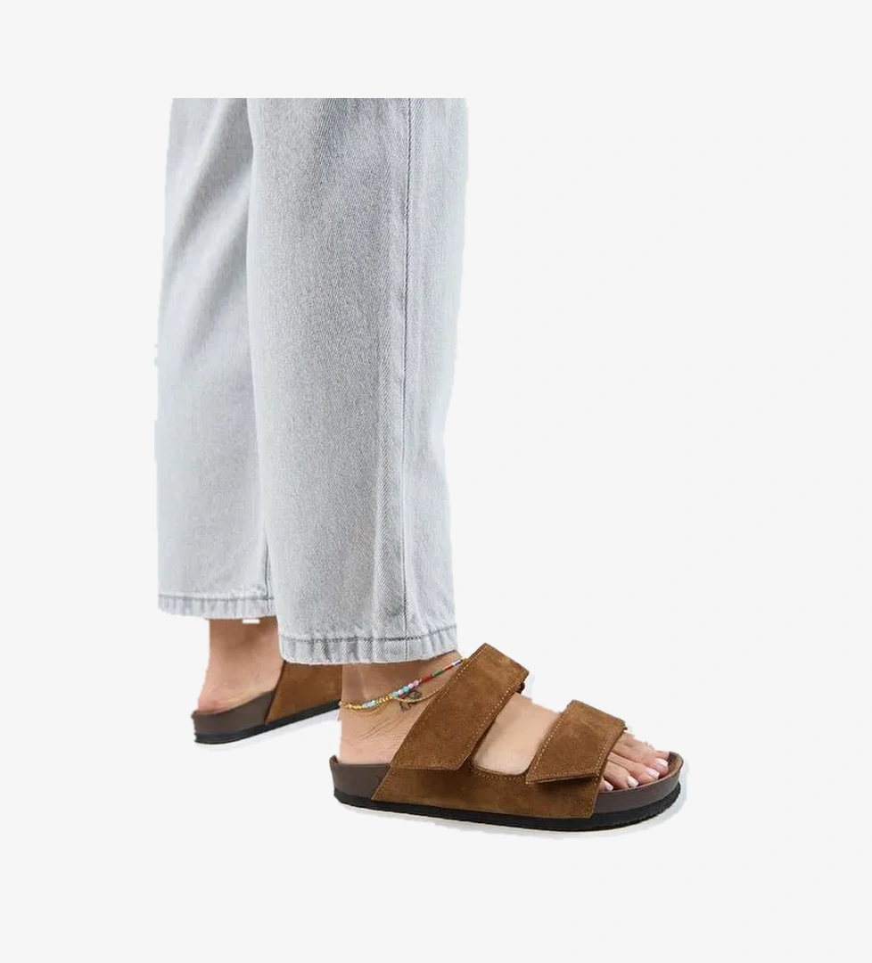 Manijero (Vina 2 ) Kadın Hakiki Deri Çift Cırtlı Taba Terlik - Görsel 1