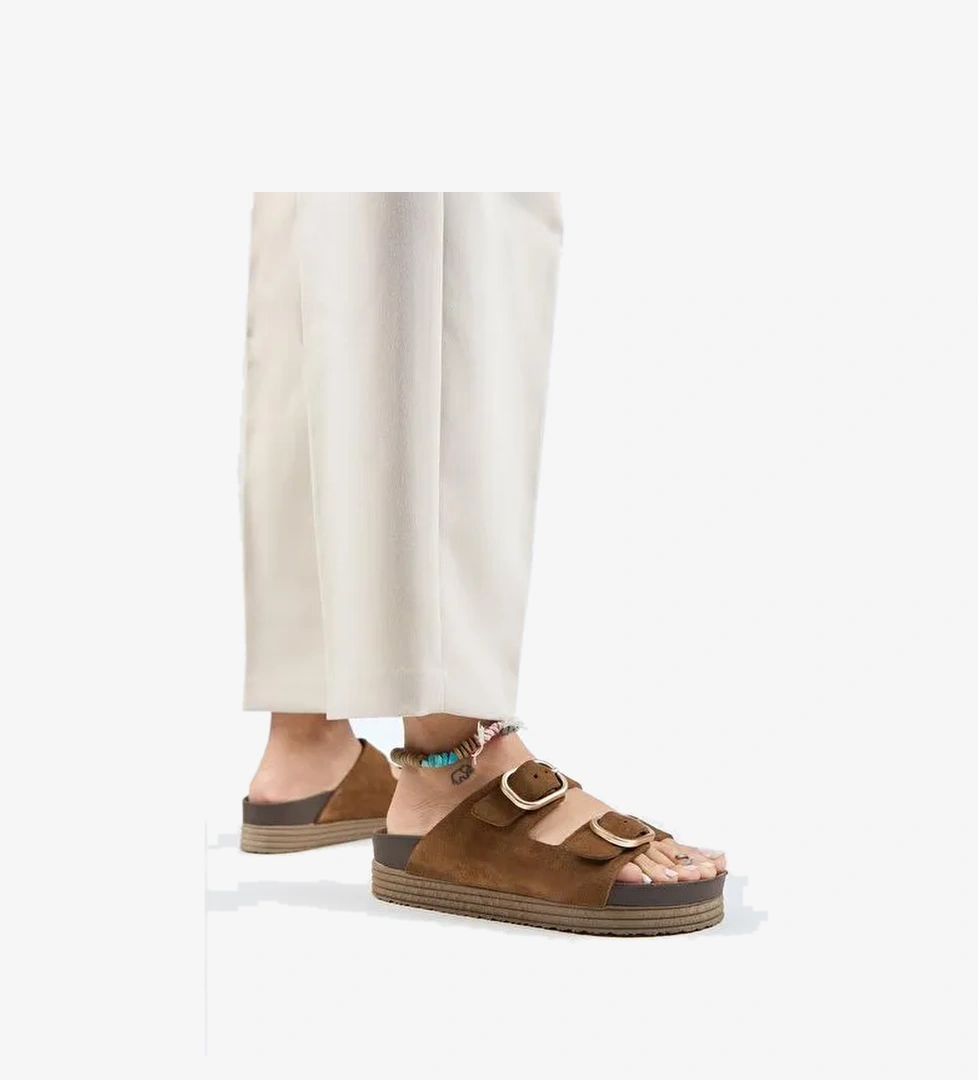 Manijero Alexa Kadın Deri Hakiki Deri Çift Tokalı Platform Taba Terlik - Görsel 1