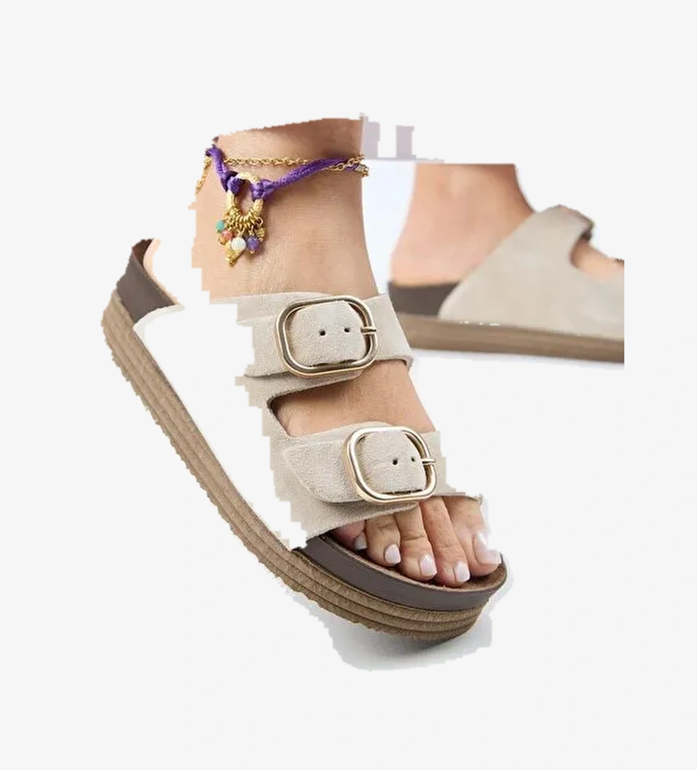 Manijero Alexa Kadın Deri Hakiki Deri Çift Tokalı Platform Bej Terlik - Görsel 1