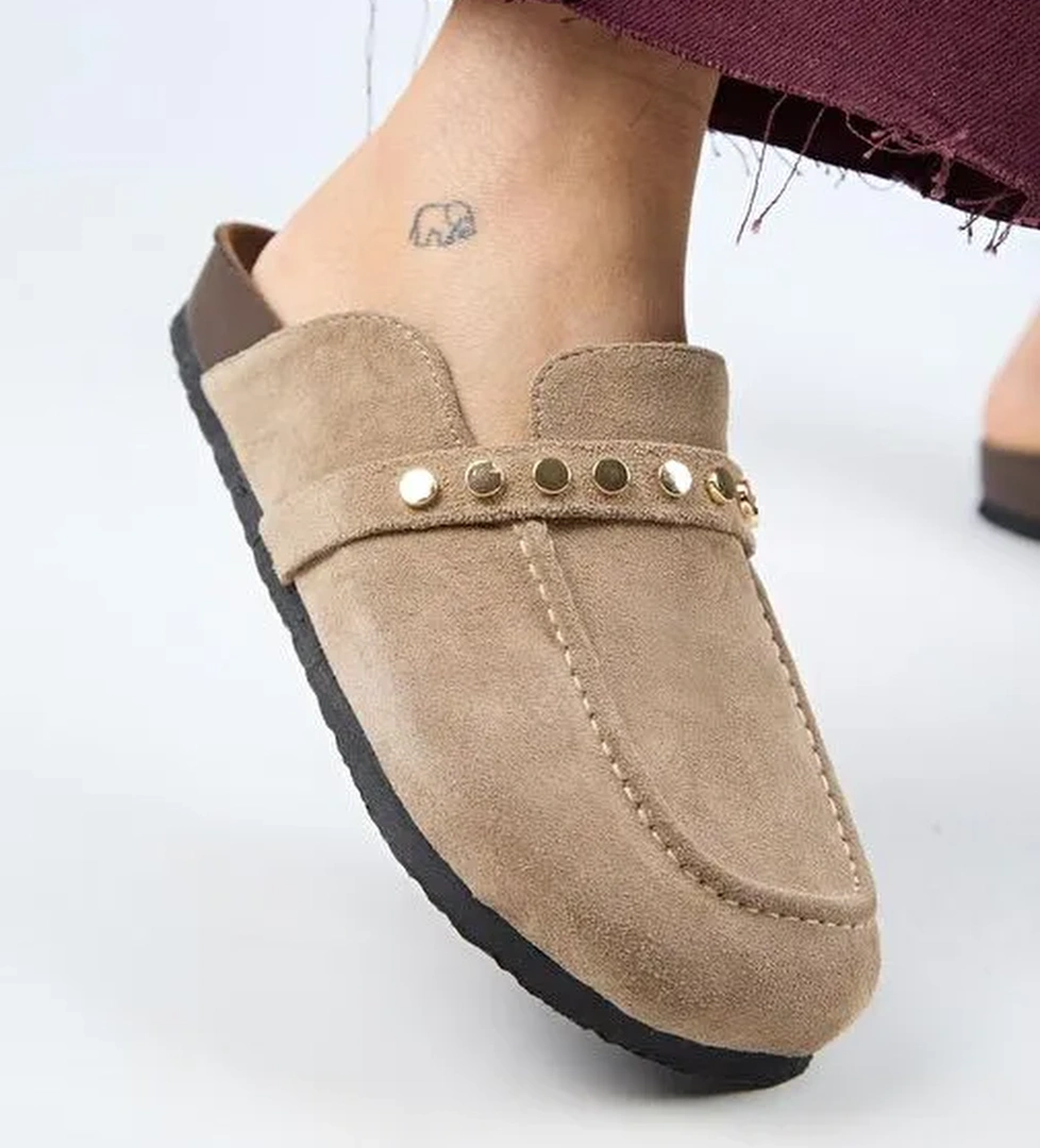 Manijero Bonita 2 Kadın Hakiki Deri Troklu Sabo Vizon Terlik - Görsel 1