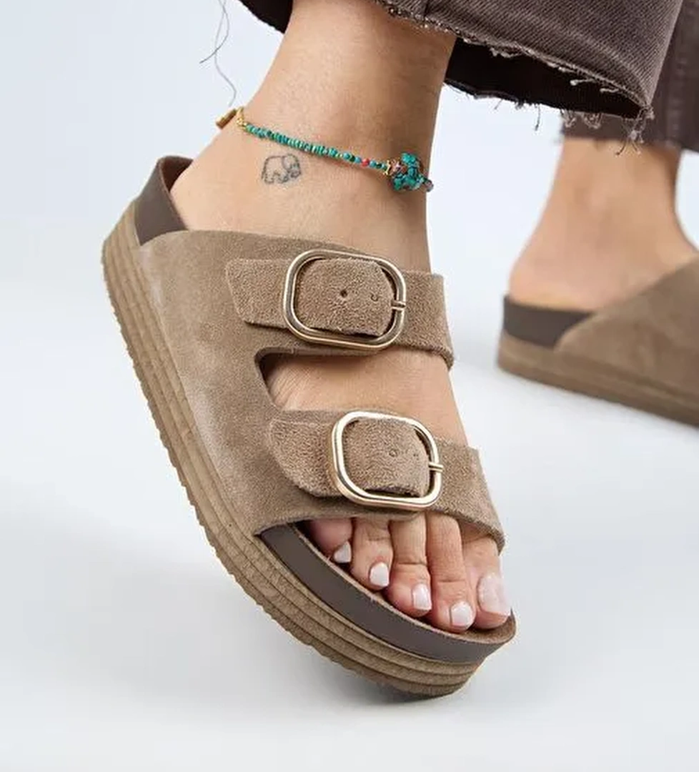 Manijero Alexa Kadın Deri Hakiki Deri Çift Tokalı Platform Vizon Terlik - Görsel 1