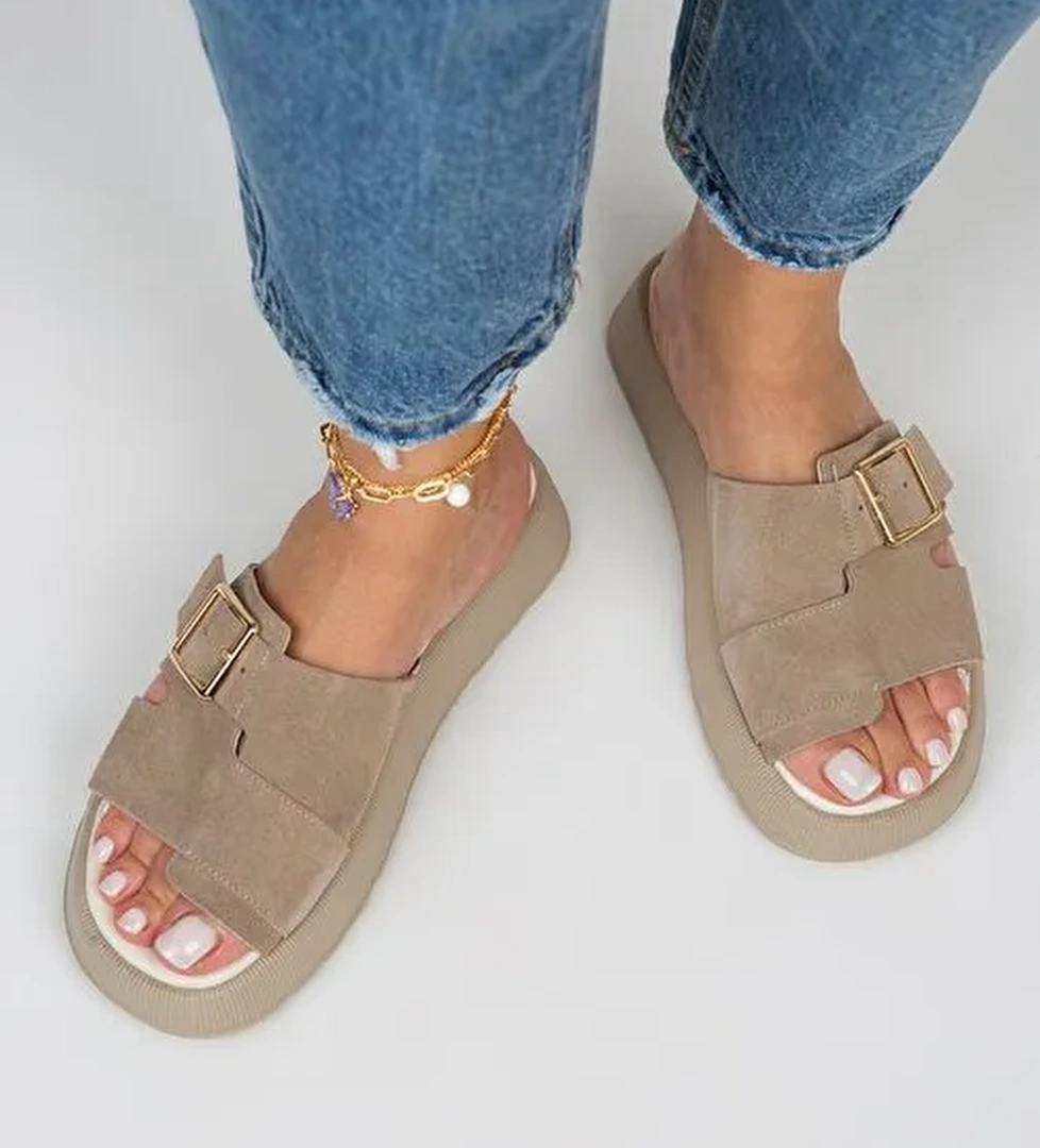 Manijero Begonia Kadın Hakiki Deri Tek Bant Vizon Terlik - Görsel 1