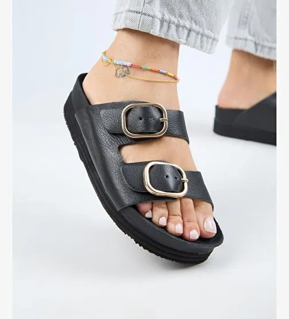 Manijero Alexa Kadın Deri Hakiki Deri Çift Tokalı Platform Siyah Terlik - Görsel 1