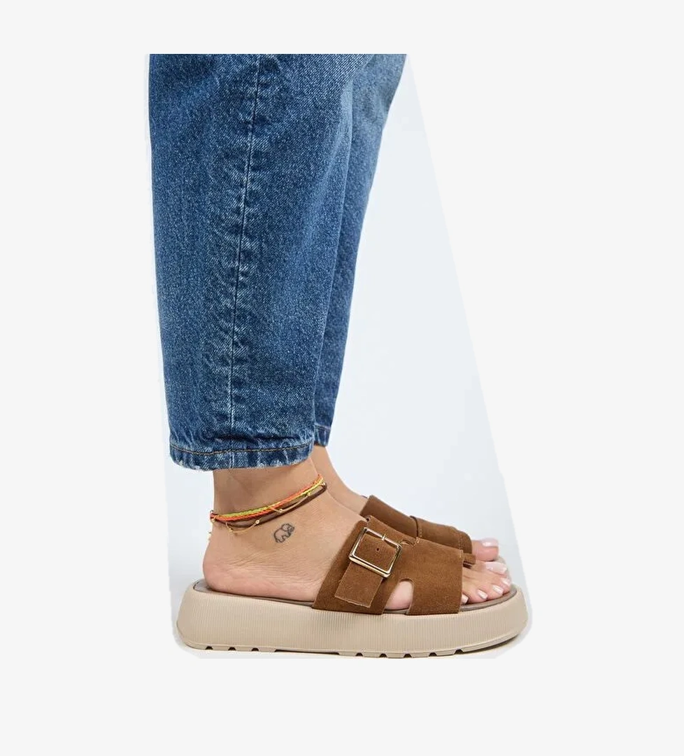 Manijero Begonia Kadın Hakiki Deri Tek Bant Taba Terlik - Görsel 1