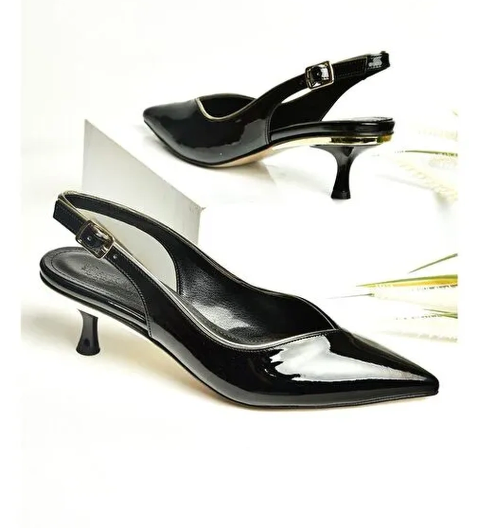 U820503308 Siyah Rugan Alçak Topuklu Kadın Ayakkabı - Görsel 1