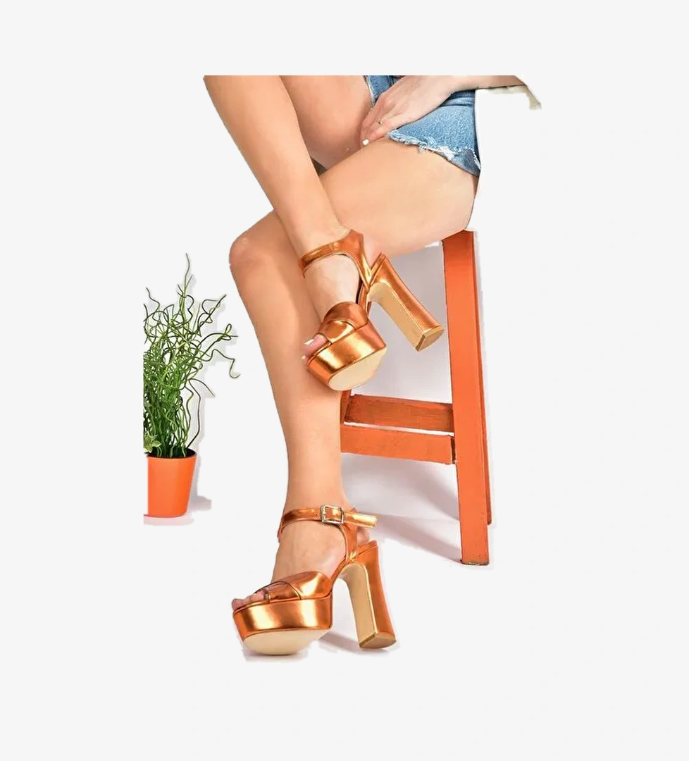 M348202459 Turuncu Metalik Platform Topuklu Kadın Abiye Ayakkabı - Görsel 1