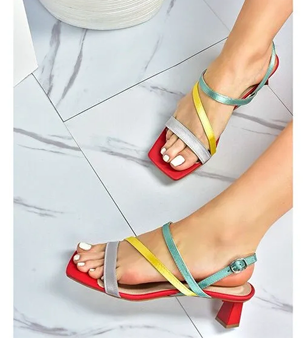 Kırmızı/Yeşil Saten Kumaş Kadın Topuklu Ayakkabı M518067504 - Görsel 1