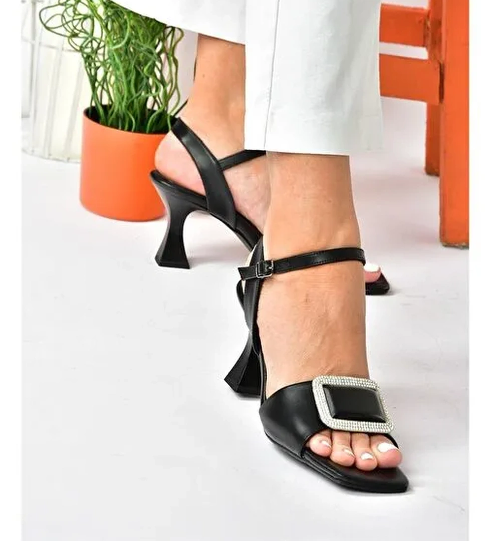 Siyah Taşlı Kalın Topuklu Kadın Abiye Ayakkabı P252100009 - Görsel 1